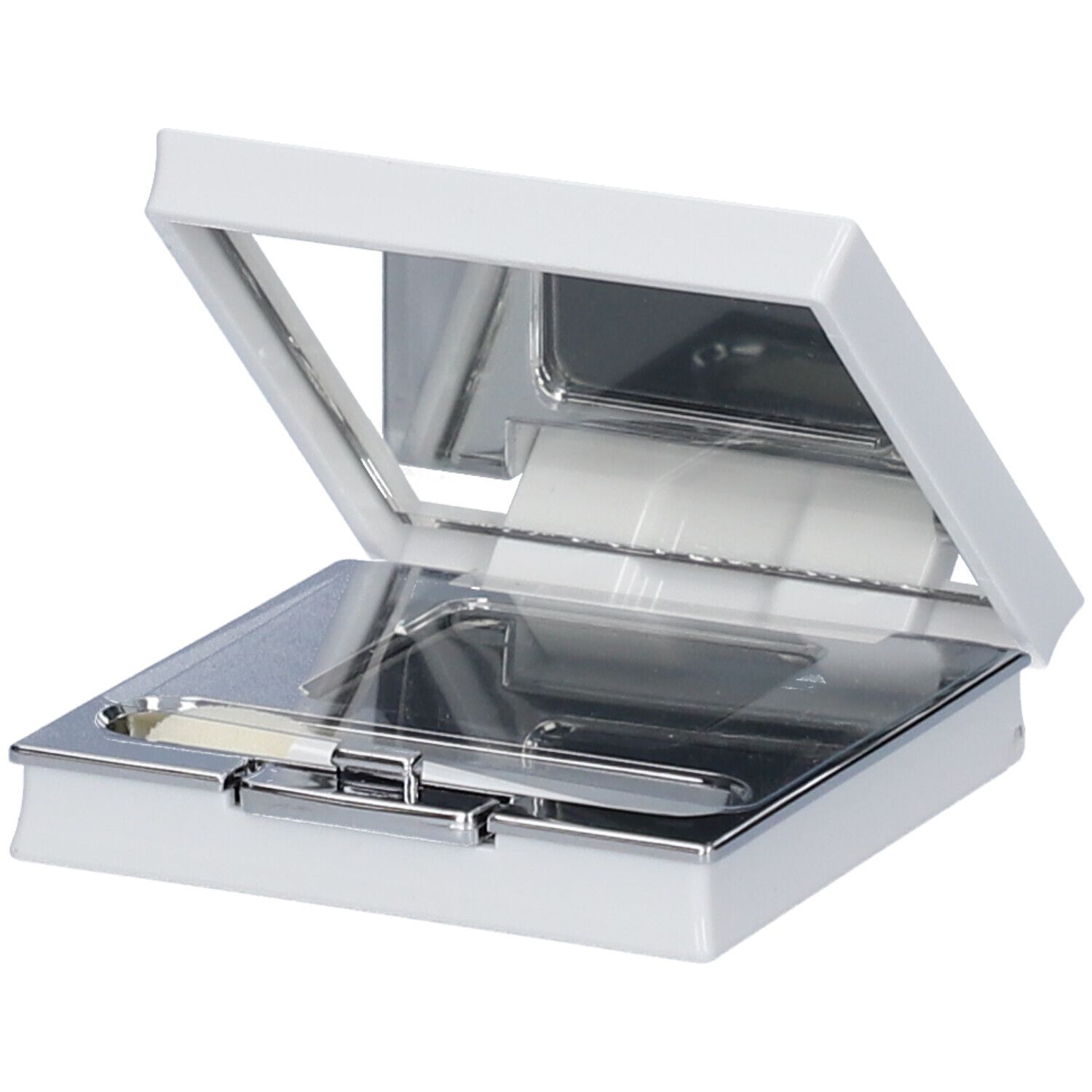 Boîtier de fard à paupières blanc ouvert, avec miroir, applicateur et fard à paupières.