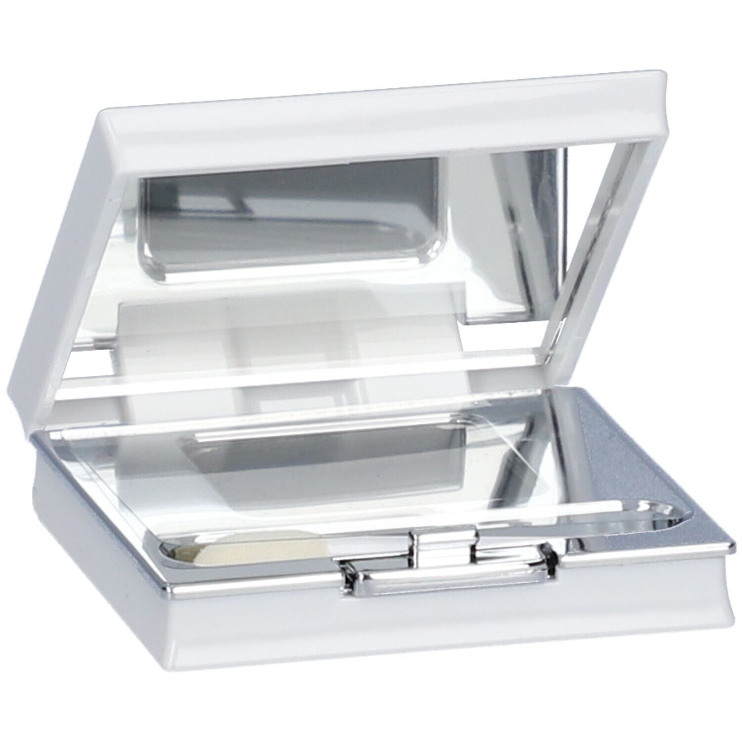 Boîtier de fard à paupières blanc ouvert, avec miroir, applicateur et fard à paupières.