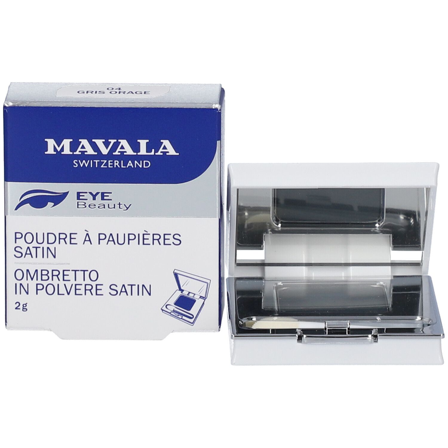 Ensemble de fard à paupières avec boîtier blanc, emballage et informations sur le produit. Marque MAVALA.