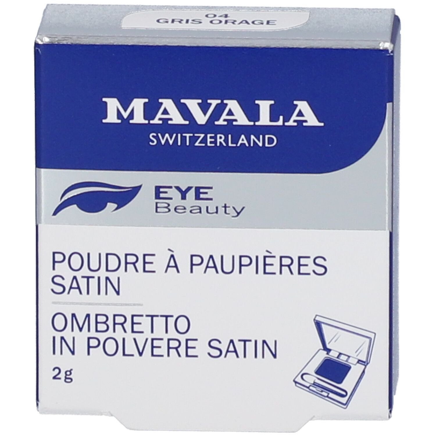 Emballage de fard à paupières. Marque MAVALA, nom du produit, teinte et poids.