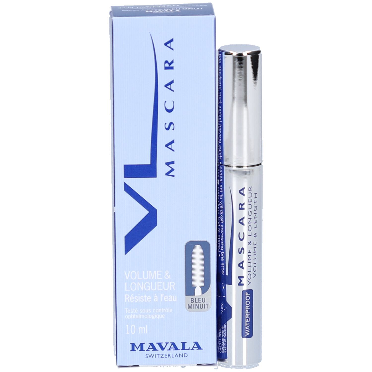 Boîte et tube de mascara. Boîte bleue, rectangulaire. Tube argenté. Texte: MAVALA, Mascara, Volume & Longueur, Waterproof, Bleu Minuit, 10 ml.