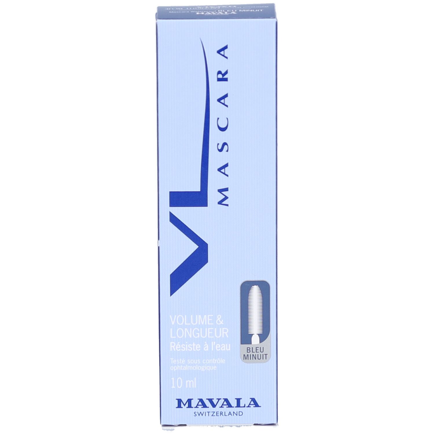 Boîte de mascara bleue, rectangulaire. Texte: MAVALA, Mascara, Volume & Longueur, Bleu Minuit, 10 ml. Avec applicateur.