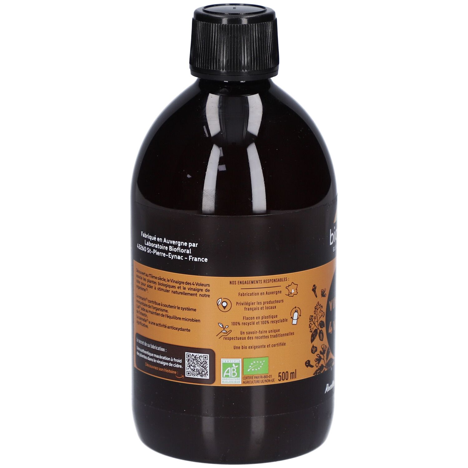 Dos de la bouteille marron. Texte: Fabriqué en Auvergne par Biofloral. Informations ingrédients et durabilité. Label AB Bio.