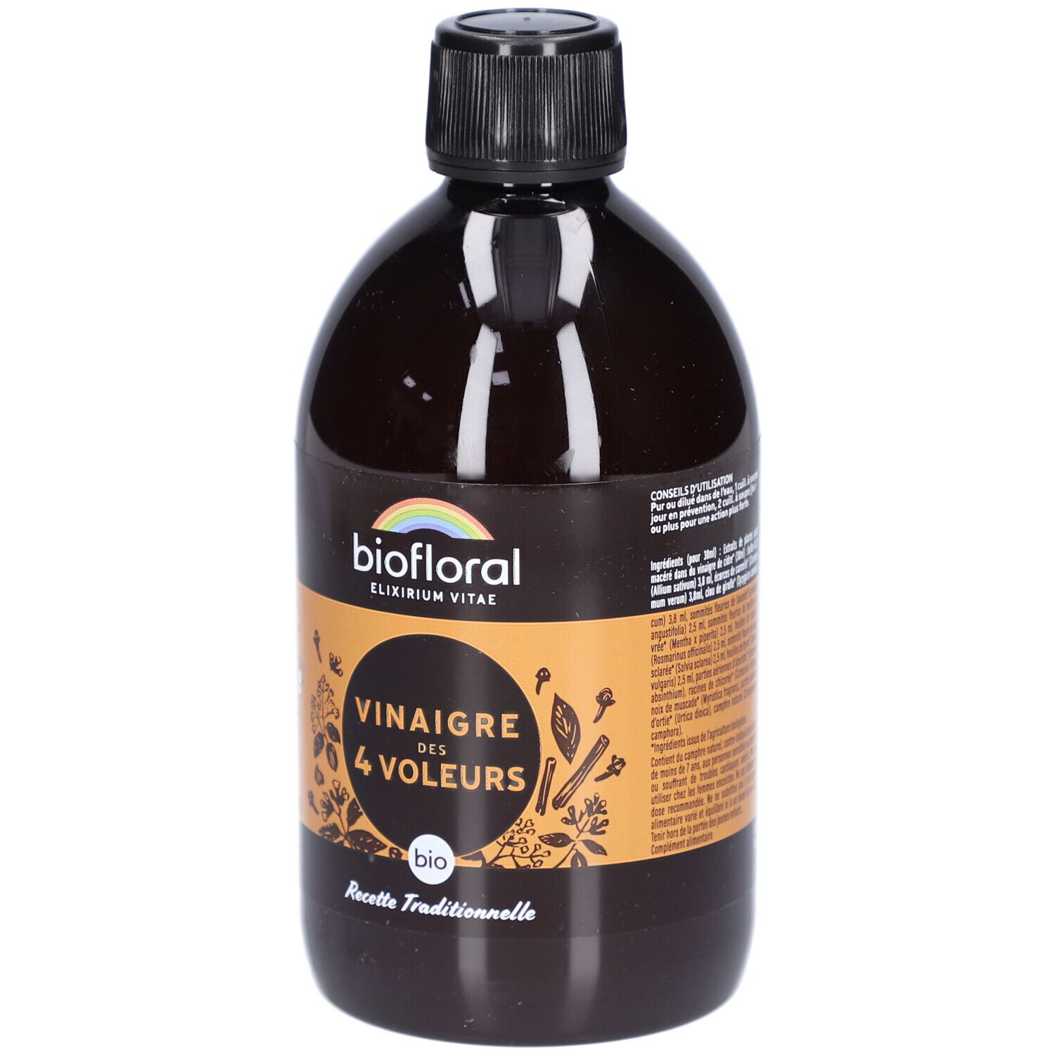 Bouteille marron, bouchon noir. Inscription: Biofloral, Vinaigre des 4 Voleurs Bio. Label Bio. Recette Traditionnelle. Logo arc-en-ciel.