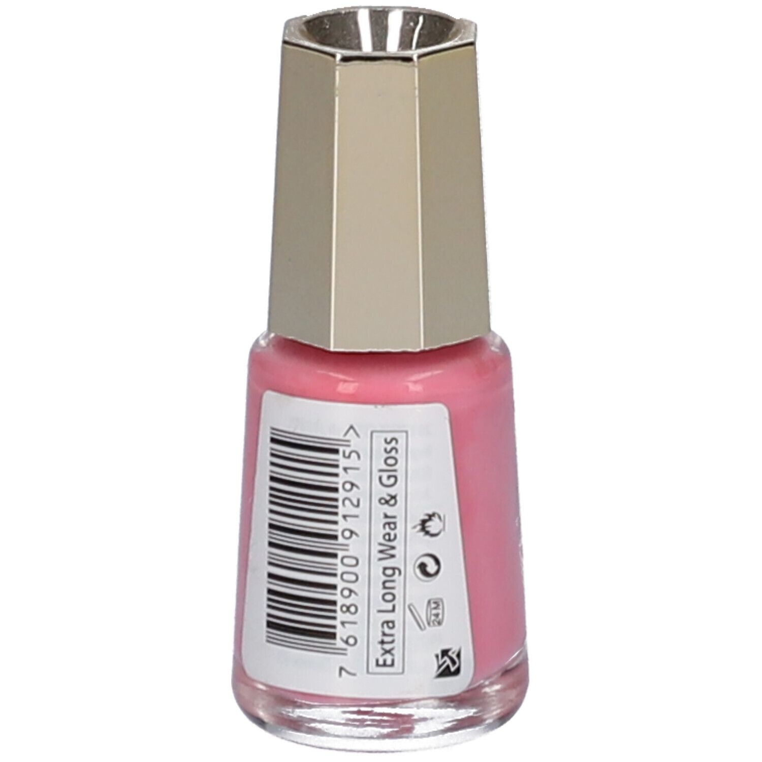 Flacon de vernis à ongles rose. Bouchon doré. Code-barres et texte. Marque : MAVALA.