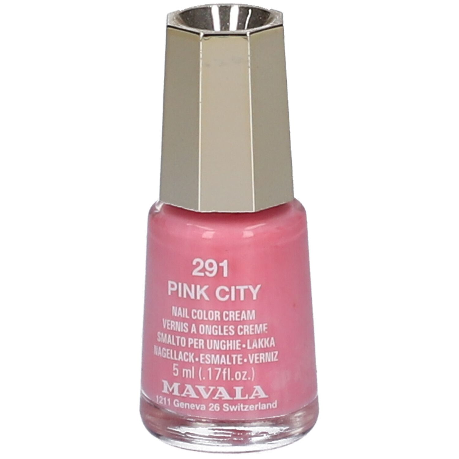 Flacon de vernis à ongles rose. Bouchon doré. Inscription : 291 Pink City, Nail Color Cream, 5 ml. Marque : MAVALA.