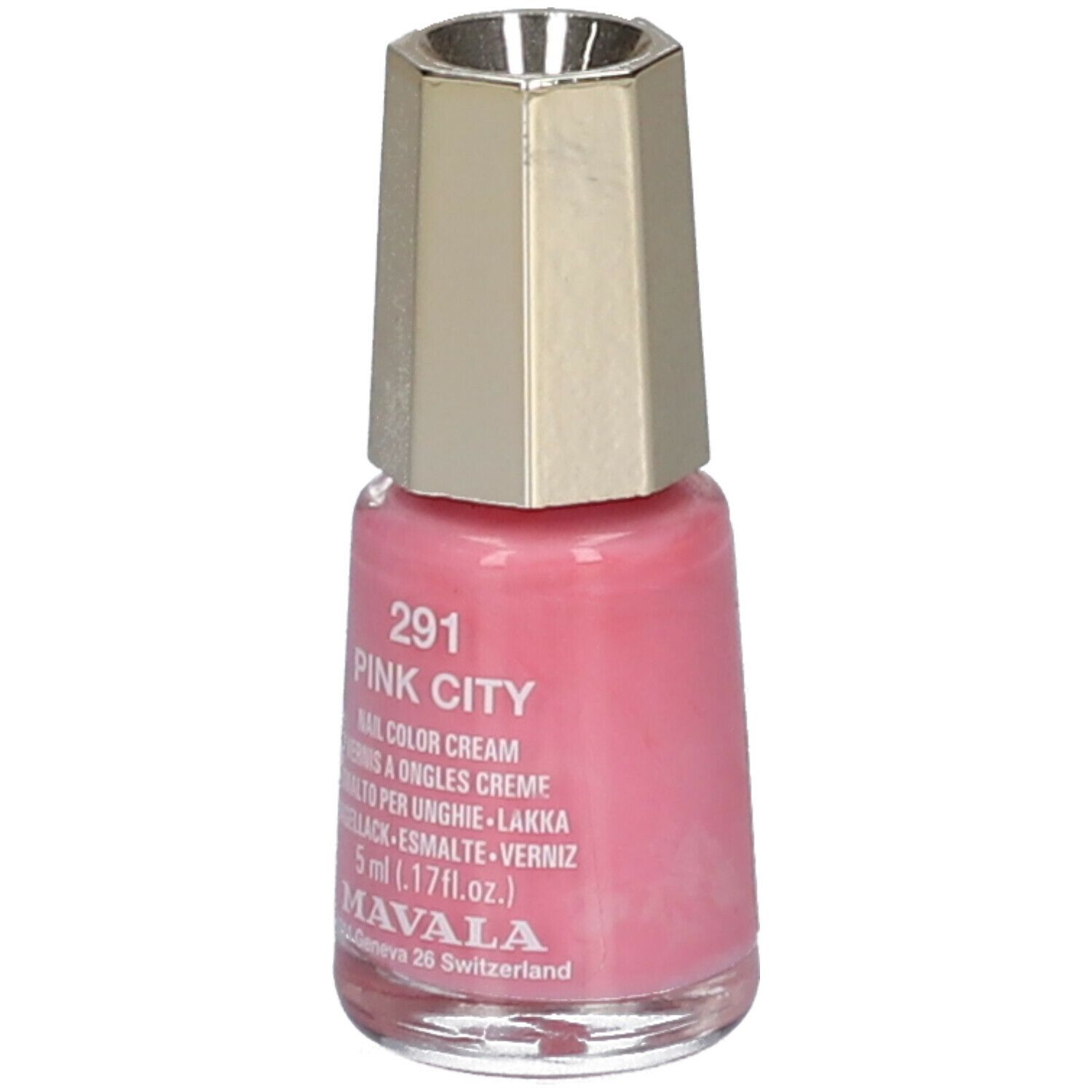 Flacon de vernis à ongles rose. Bouchon doré. Inscription : 291 Pink City, Nail Color Cream, 5 ml. Marque : MAVALA.