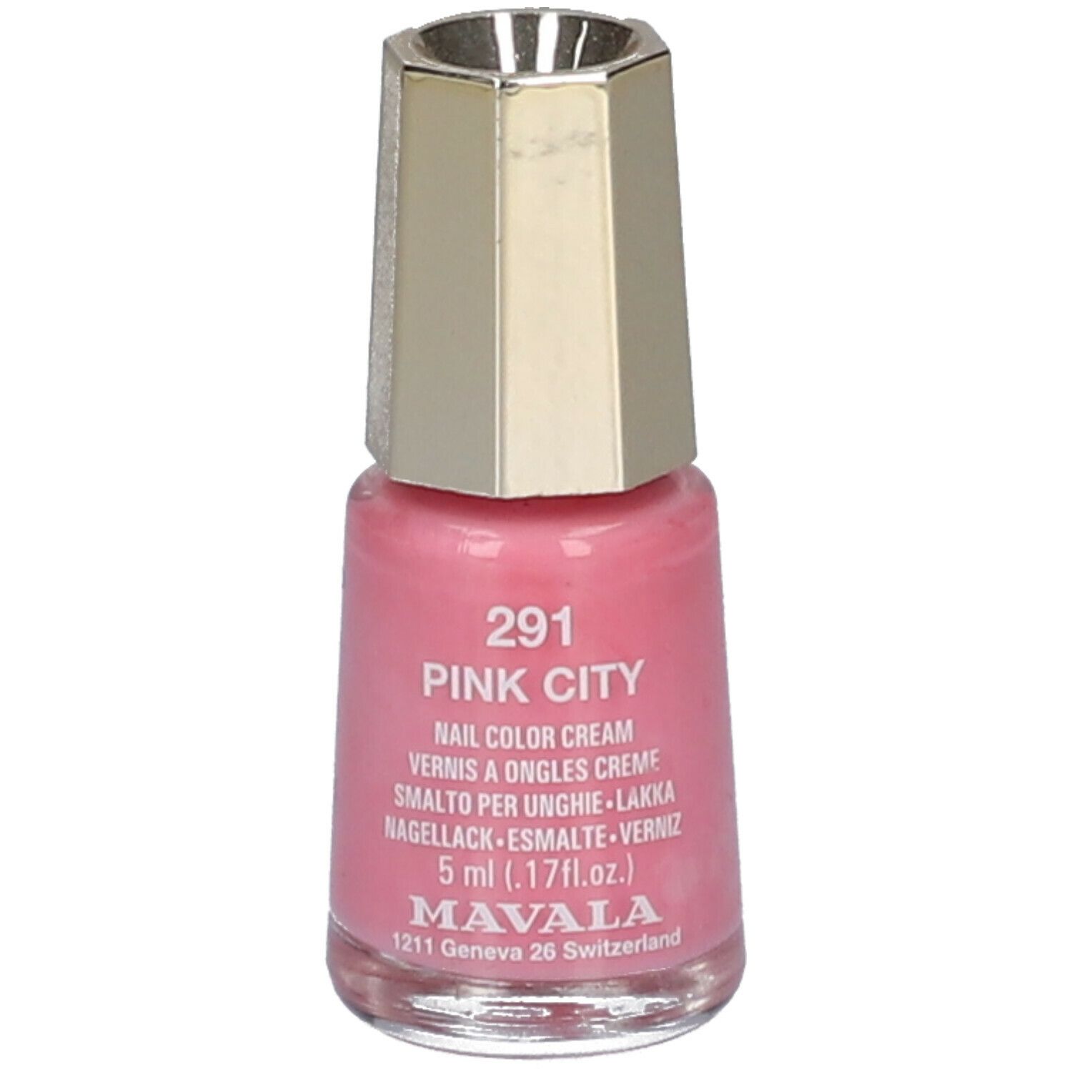 Flacon de vernis à ongles rose. Bouchon doré. Inscription : 291 Pink City, Nail Color Cream, 5 ml. Marque : MAVALA.