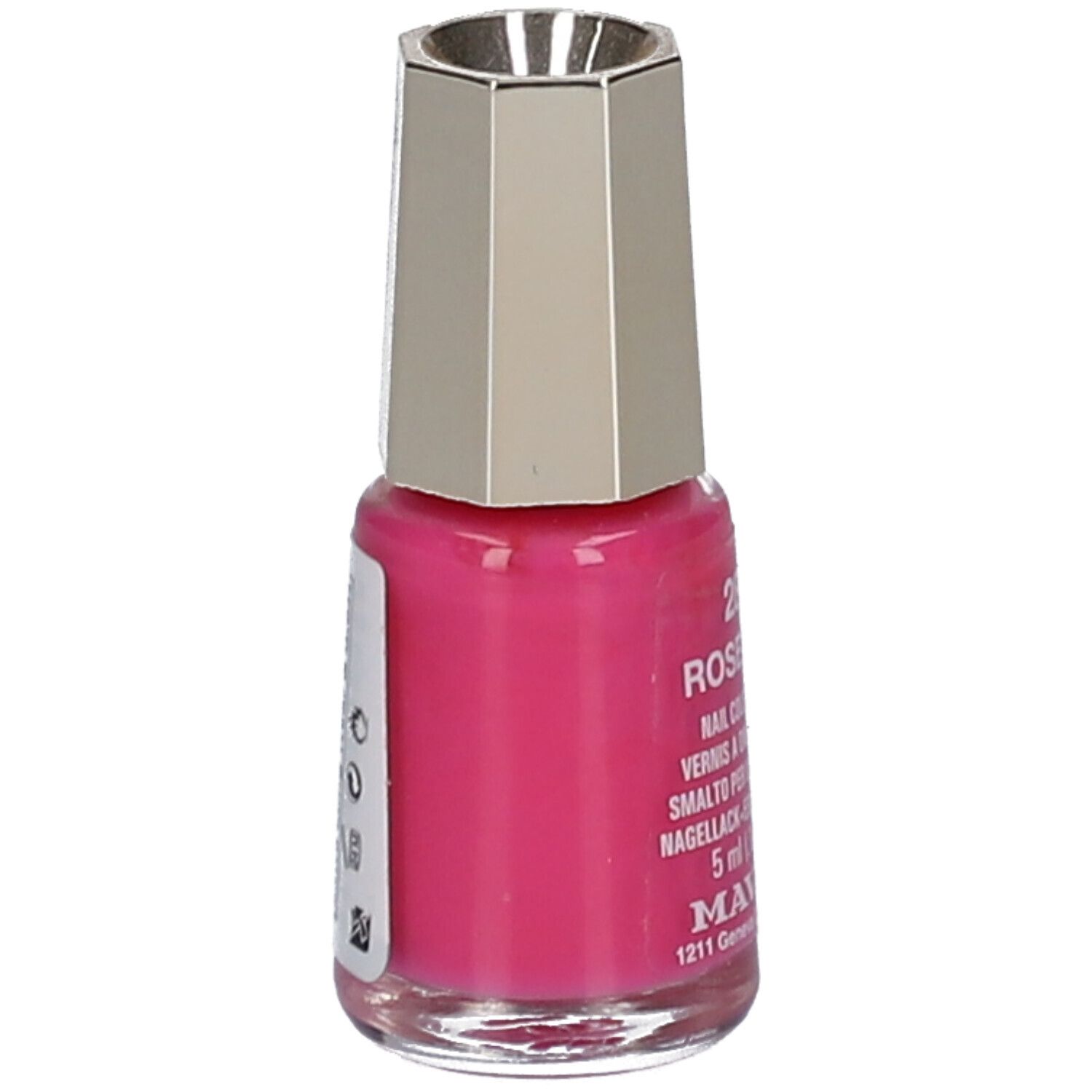 Flacon de vernis à ongles rose. Bouchon argenté. Inscription : 285 Rose Hill, Nail Color Cream, 5 ml. Marque : MAVALA.