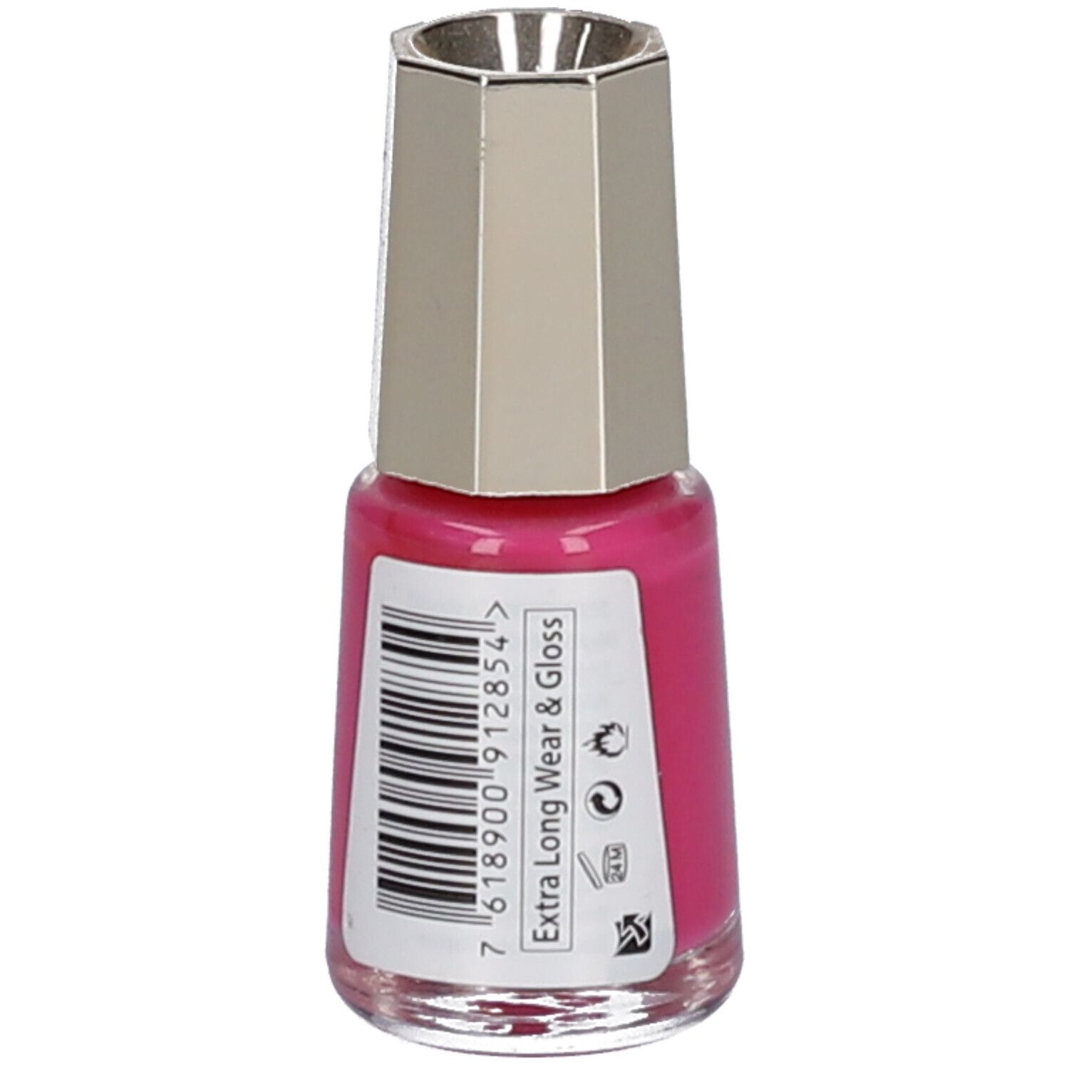 Flacon de vernis à ongles rose. Bouchon argenté. Inscription : Extra Long Wear & Gloss. Code-barres.