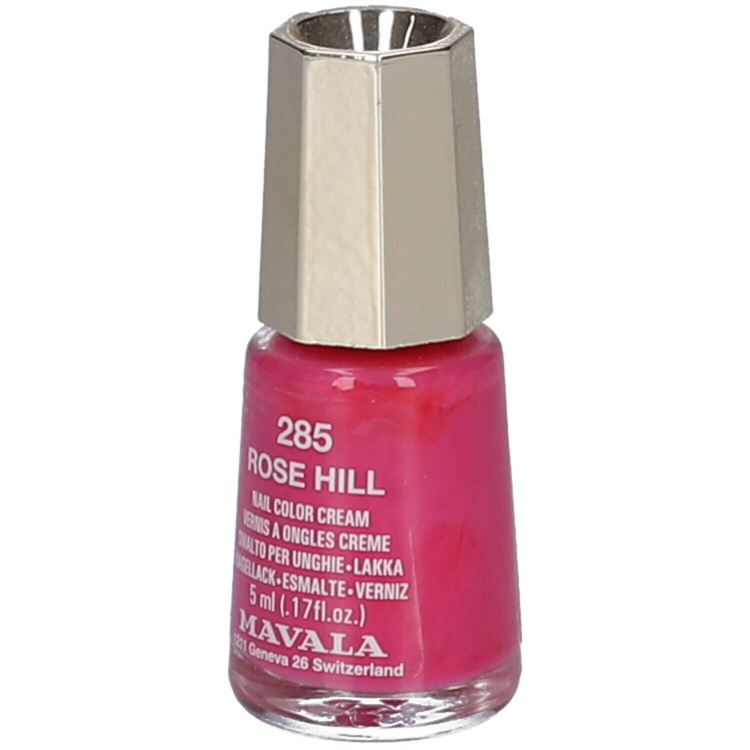 Flacon de vernis à ongles rose. Bouchon argenté. Inscription : 285 Rose Hill, Nail Color Cream, 5 ml. Marque : MAVALA.