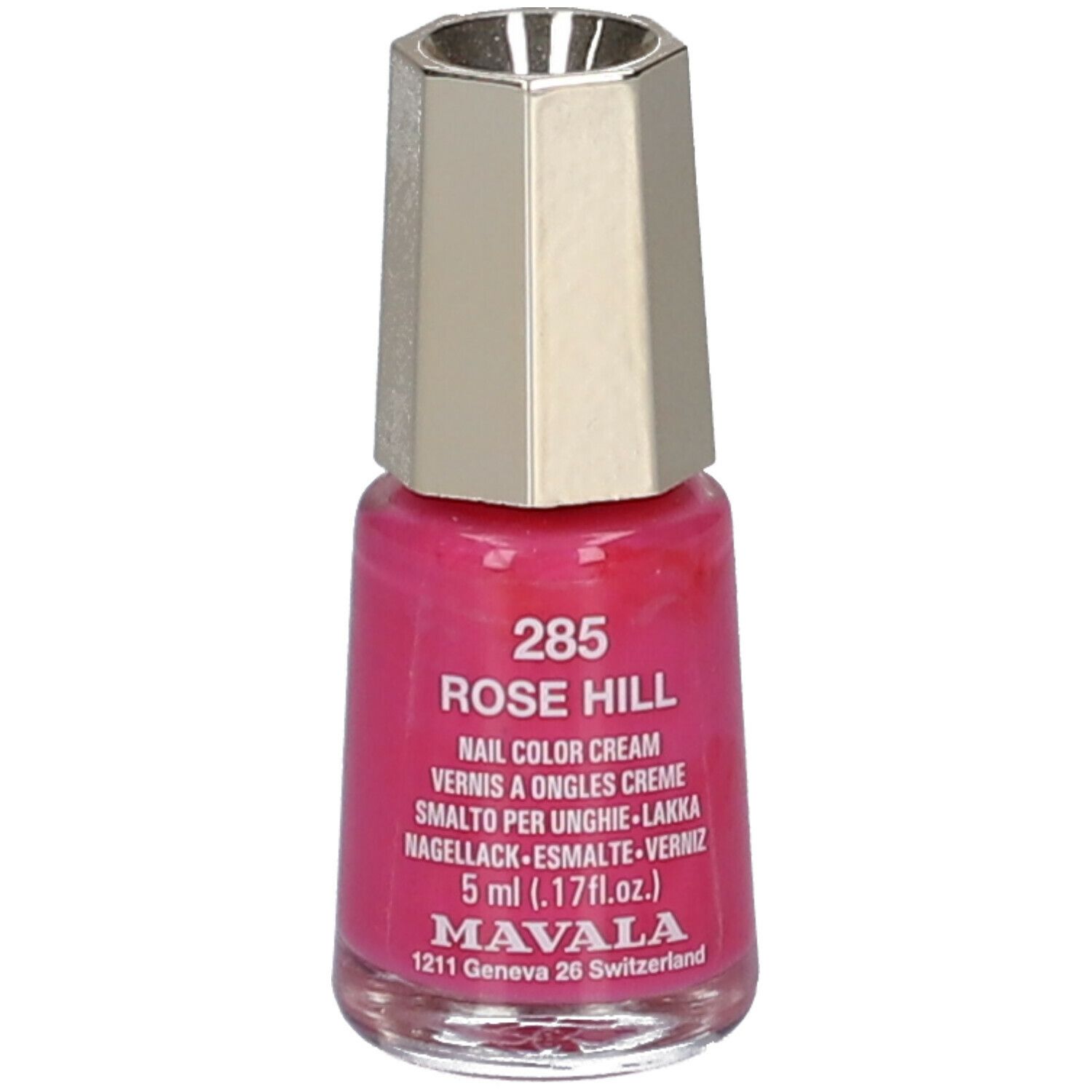 Flacon de vernis à ongles rose. Bouchon argenté. Inscription : 285 Rose Hill, Nail Color Cream, 5 ml. Marque : MAVALA.