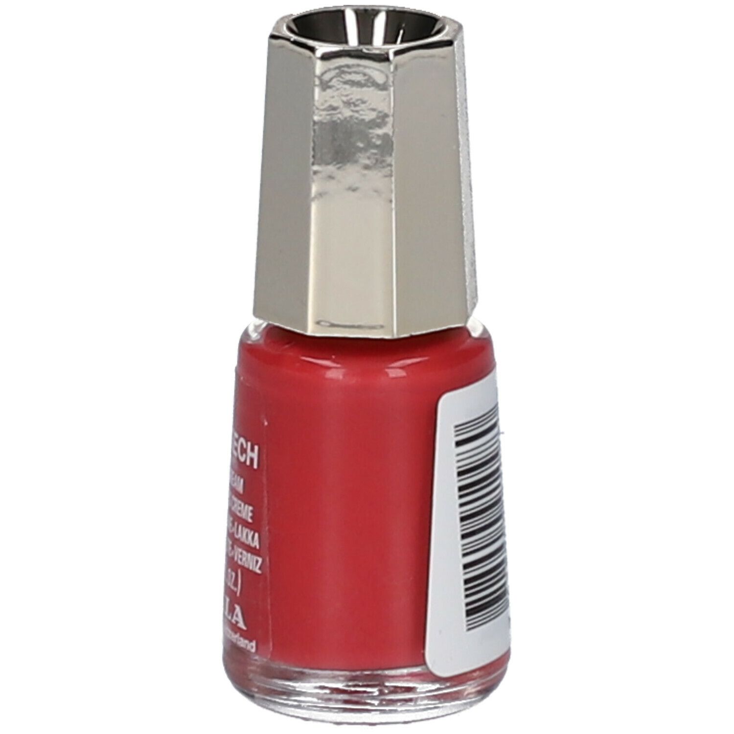Vernis à ongles rouge, flacon avec bouchon argenté. Inscription : Marrakesch. Marque : MAVALA.