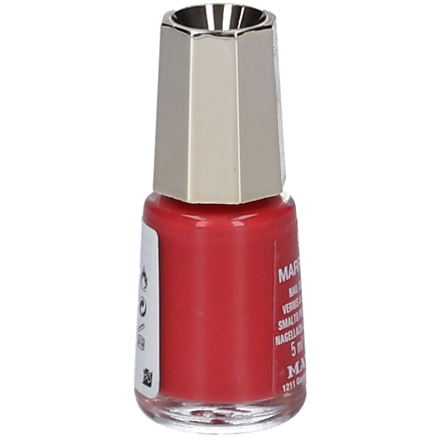 Vernis à ongles rouge, flacon avec bouchon argenté. Inscription : Marrakesch, 5 ml. Marque : MAVALA.
