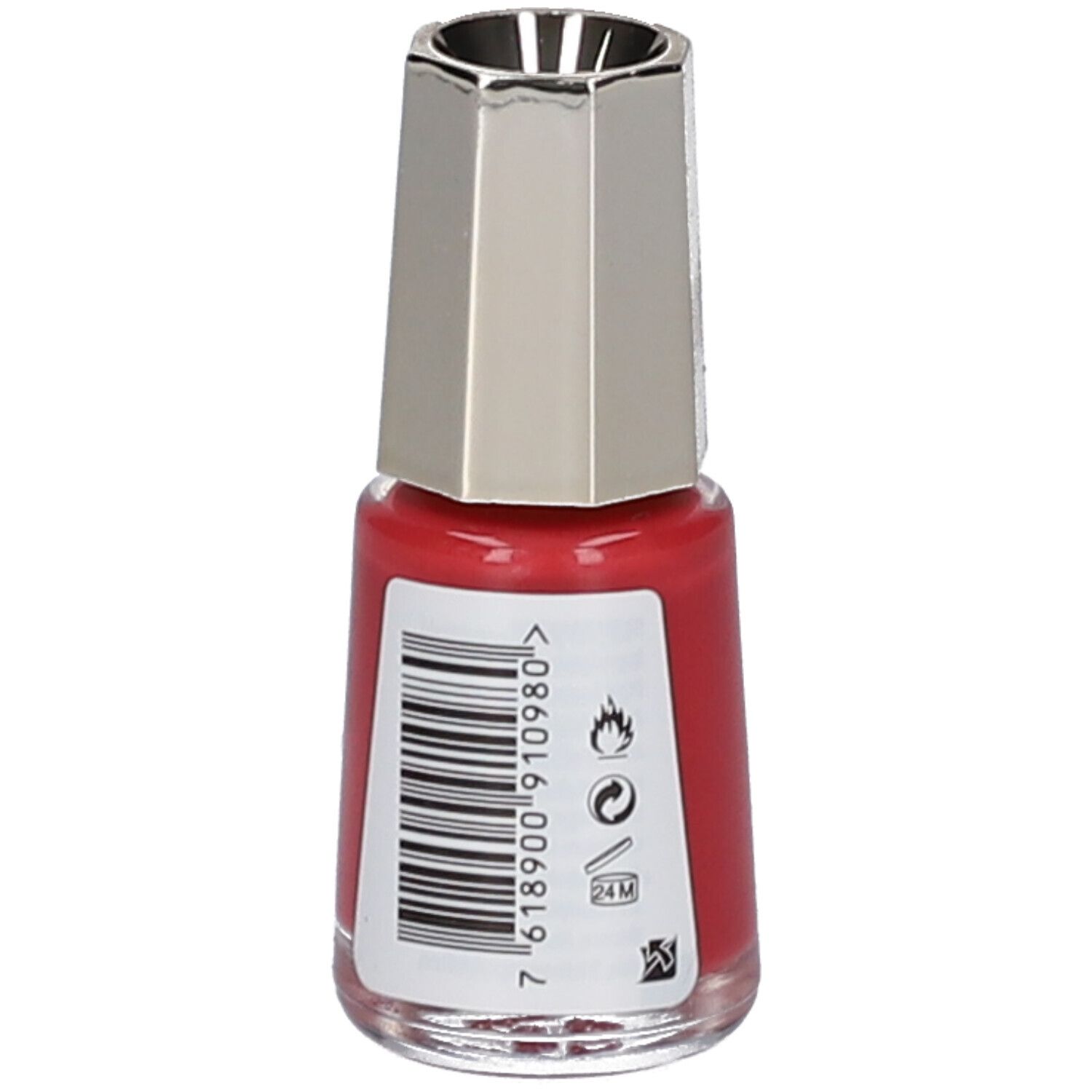 Vernis à ongles rouge, flacon avec bouchon argenté. Code-barres et avertissements sur l'étiquette.