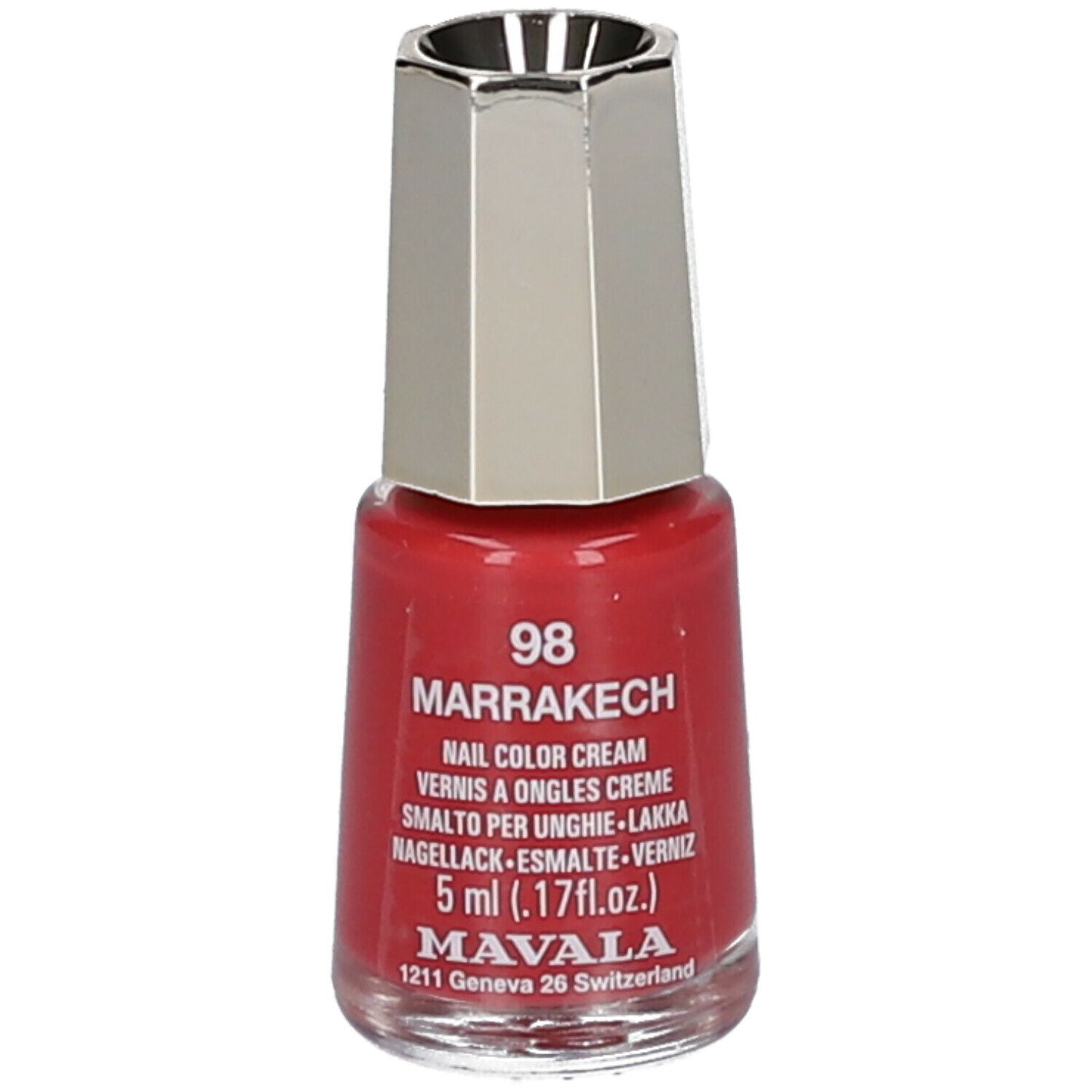 Vernis à ongles rouge, flacon avec bouchon argenté. Inscription : 98 Marrakesch, 5 ml. Marque : MAVALA.