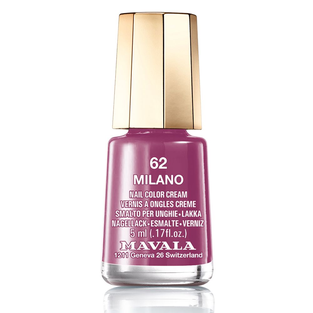 Flacon de vernis à ongles, couleur 62 Milano, bouchon doré. Contient 5 ml. Marque Mavala.
