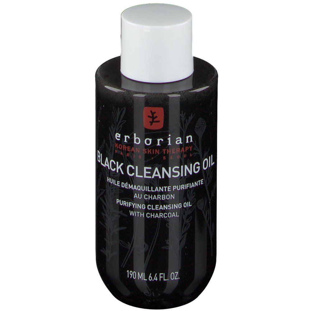 Huile démaquillante noire erborian. Flacon noir, bouchon blanc. Inscription: Black Cleansing Oil.