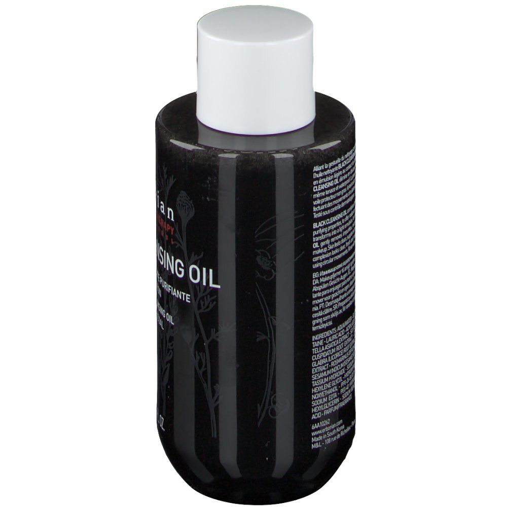 Flacon noir erborian Black Cleansing Oil. Bouchon blanc. Texte au dos. Rayures verticales.