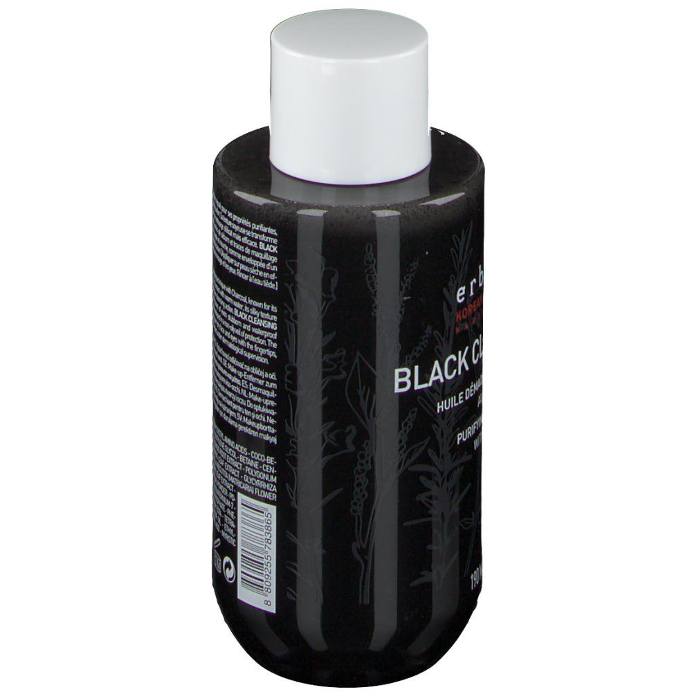 Flacon noir erborian Black Cleansing Oil. Bouchon blanc. Texte et rayures verticales sur le flacon.