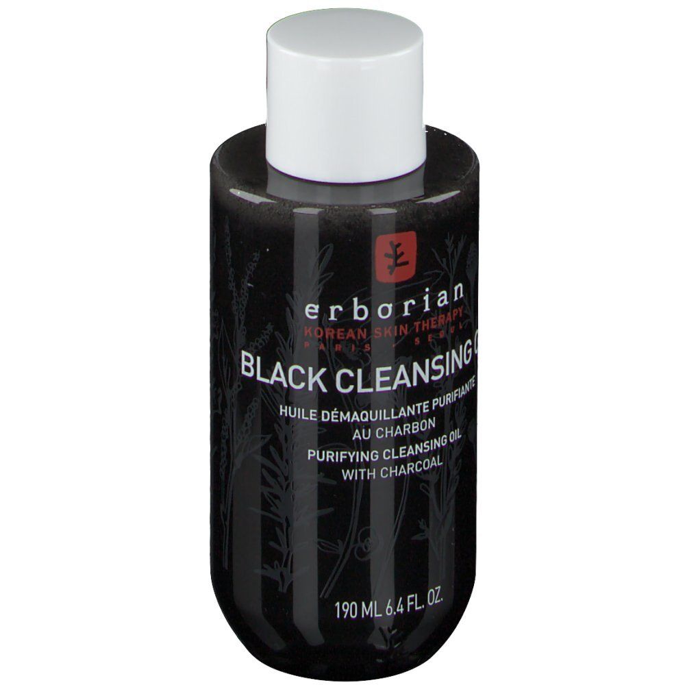 Huile démaquillante noire erborian. Flacon noir, bouchon blanc. Inscription: Black Cleansing Oil.