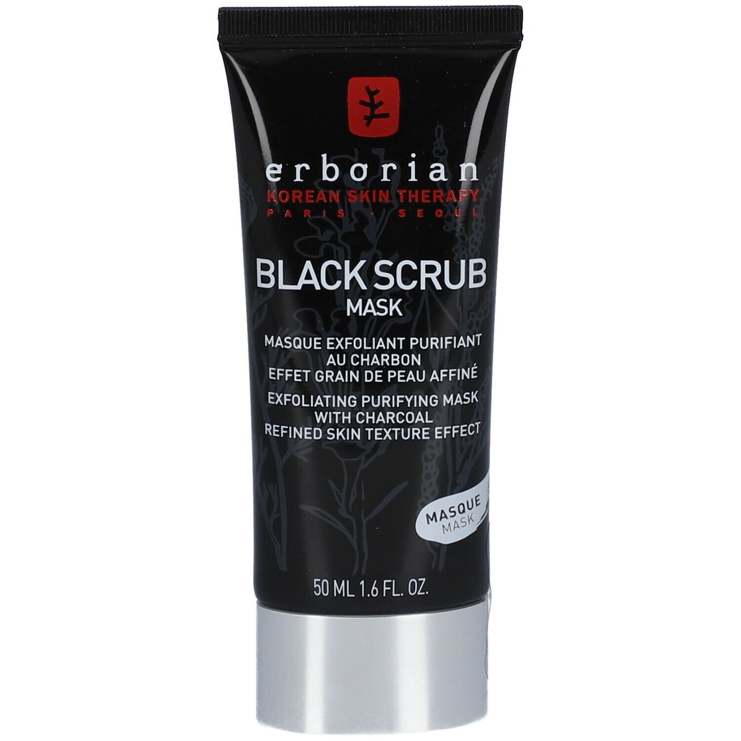 Tube noire Erborian Black Scrub Mask. 50 ml. Inscriptions blanches. Bouchon noir, base argentée.