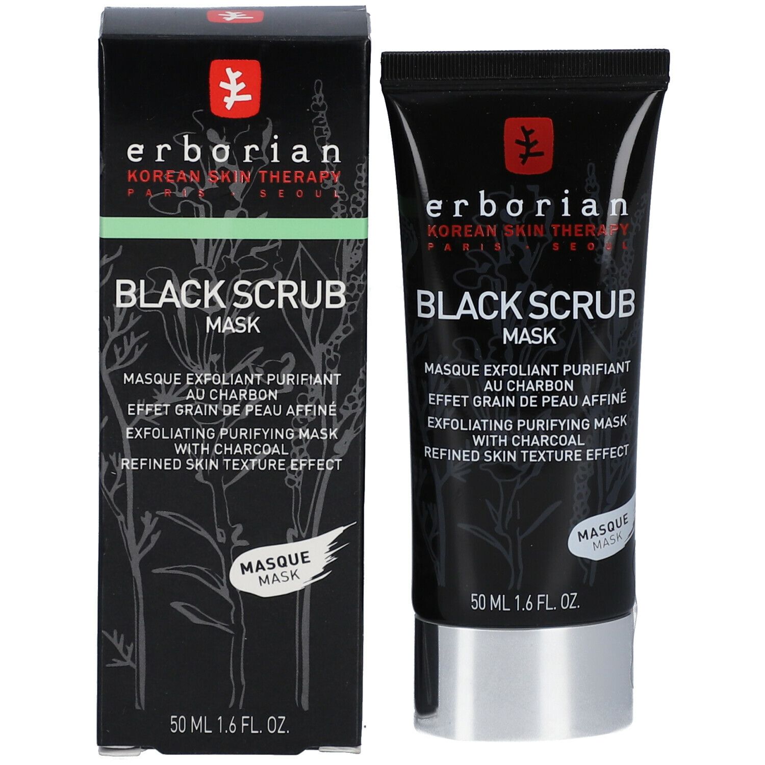 Erborian Black Scrub Mask. Tube et boîte noirs. 50 ml. Emballage noir avec texte blanc.