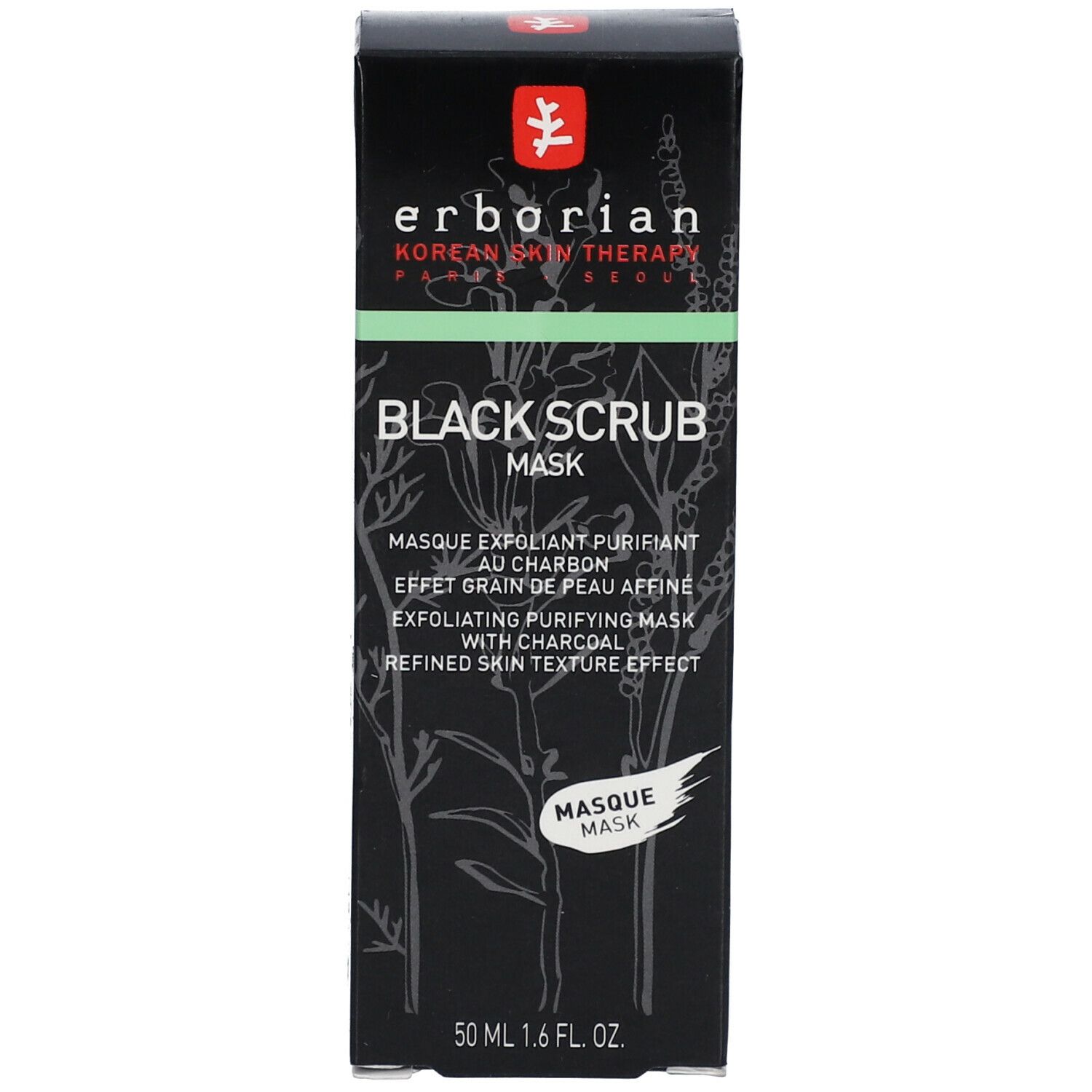 Boîte noire avec informations produit. Erborian Black Scrub Mask. 50 ml. Accents verts.