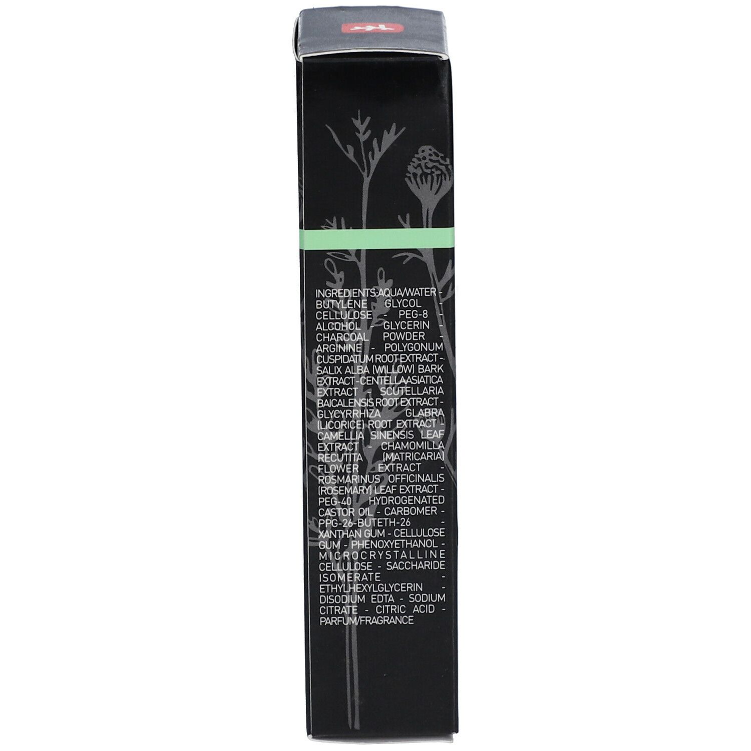 Vue latérale de la boîte noire. Ingrédients et informations produit. Accents verts.