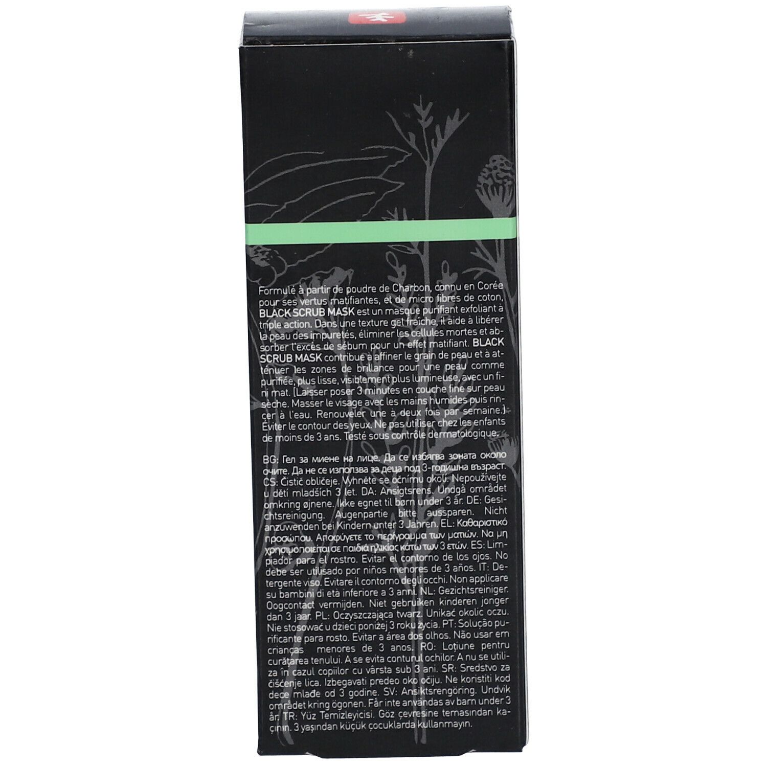 Vue latérale de la boîte noire. Texte multilingue. Erborian Black Scrub Mask.