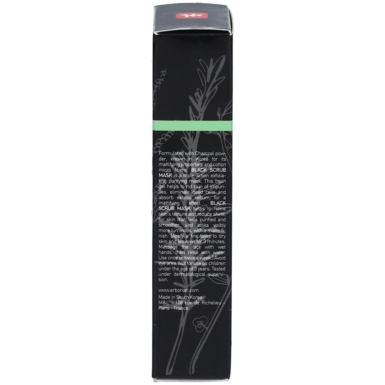 Vue latérale de la boîte noire. Informations produit et ingrédients. Accents verts.