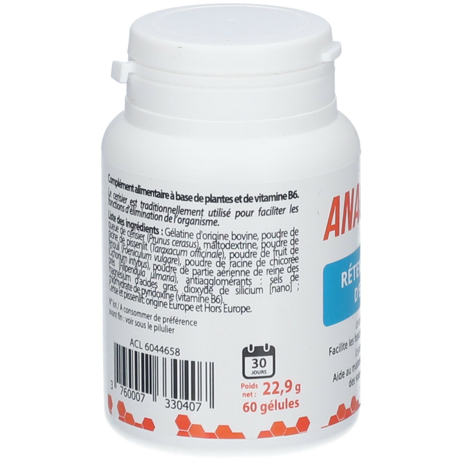 Flacon blanc, dos. Texte: Complément alimentaire. Ingrédients et informations nutritionnelles. 60 gélules. 22,9g.