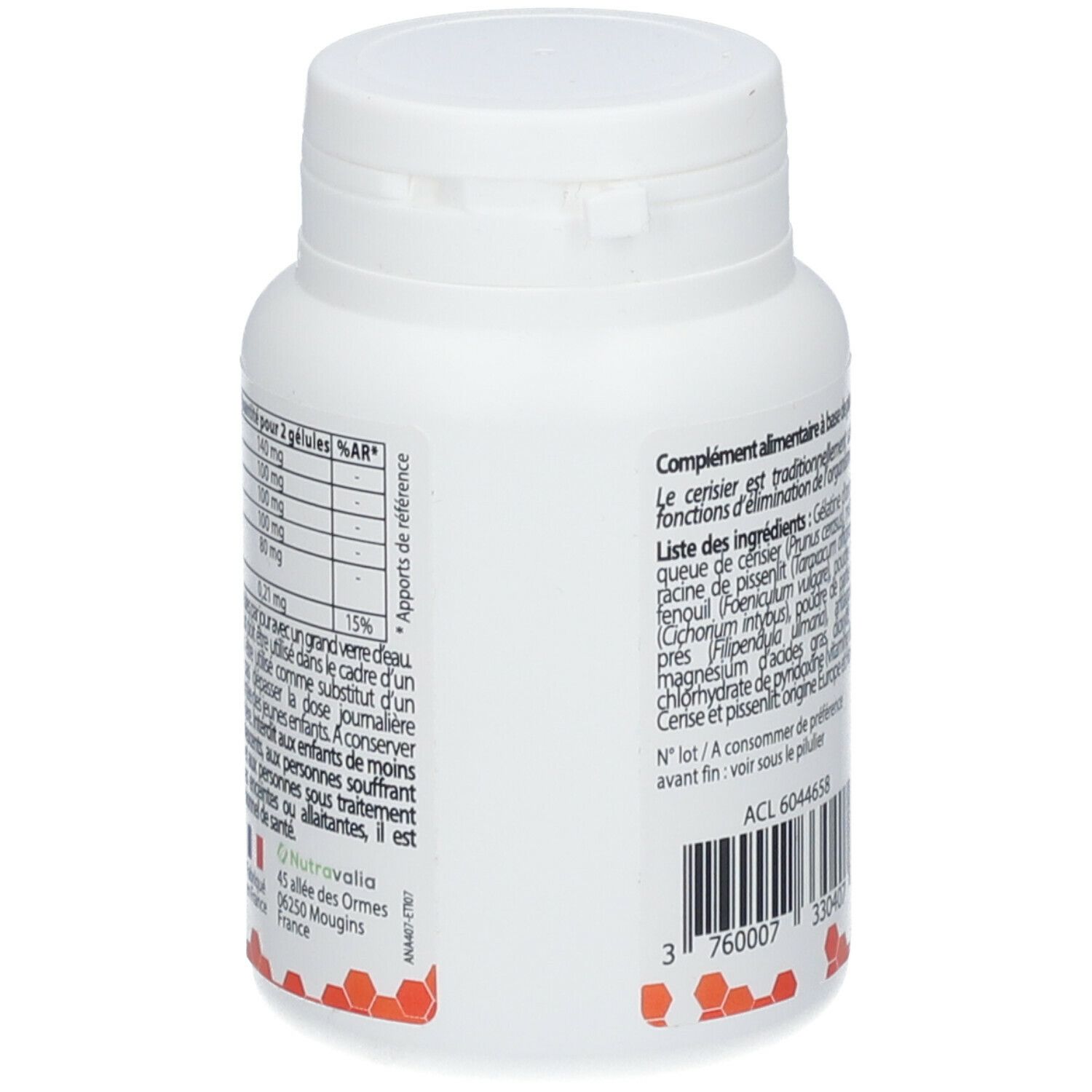 Flacon blanc, dos. Texte: Informations nutritionnelles pour 2 gélules. Fabricant: Nutrivalia. Fabriqué en France.