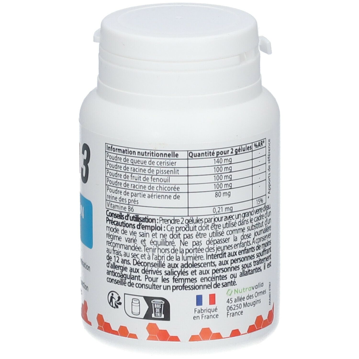 Flacon blanc, dos. Texte: Informations nutritionnelles, conseils d'utilisation. Fabricant: Nutrivalia. Fabriqué en France.