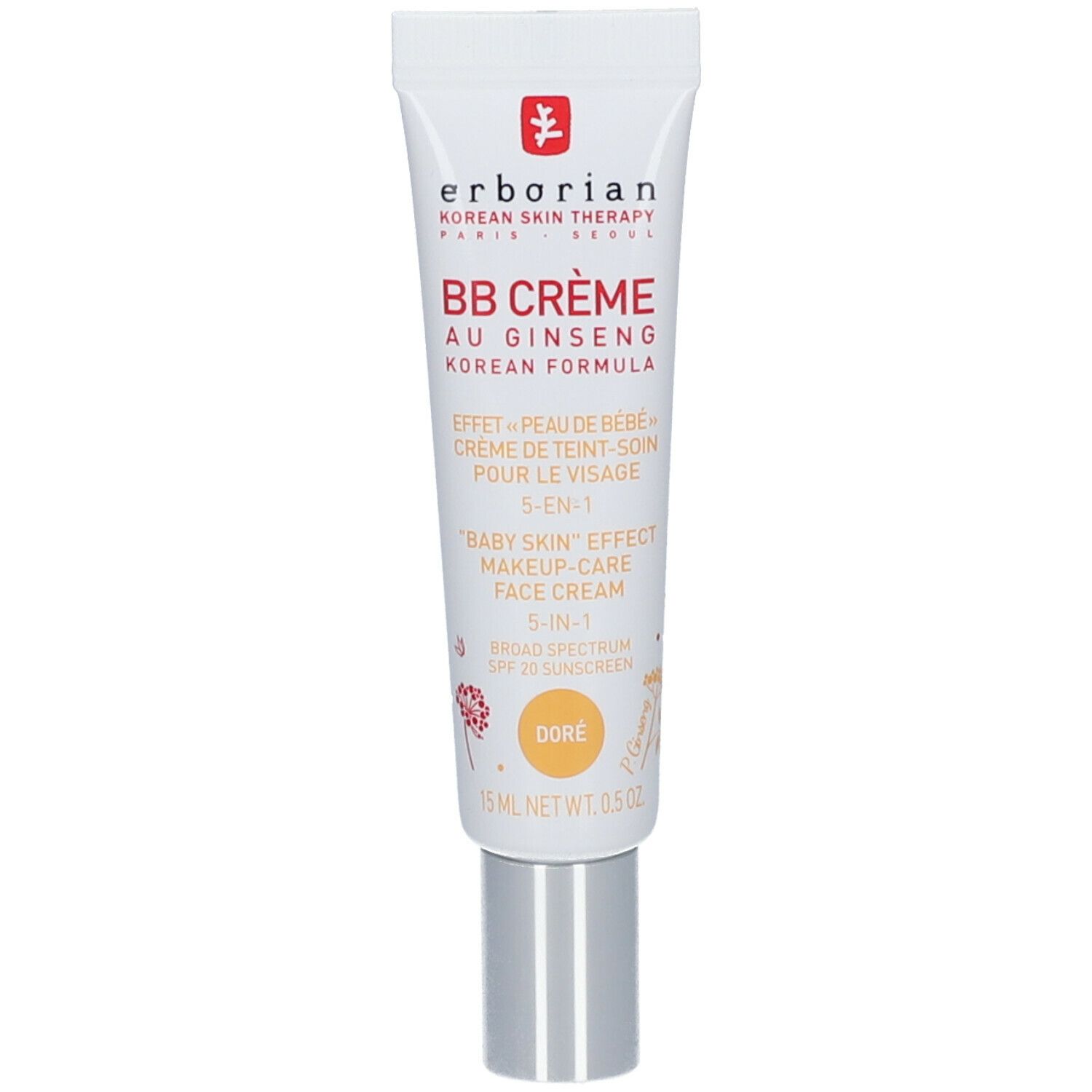 Tube de crème "BB CRÈME AU GINSENG" couleur Doré. Contient 15 ml. Bouchon argenté. Marque Erborian.