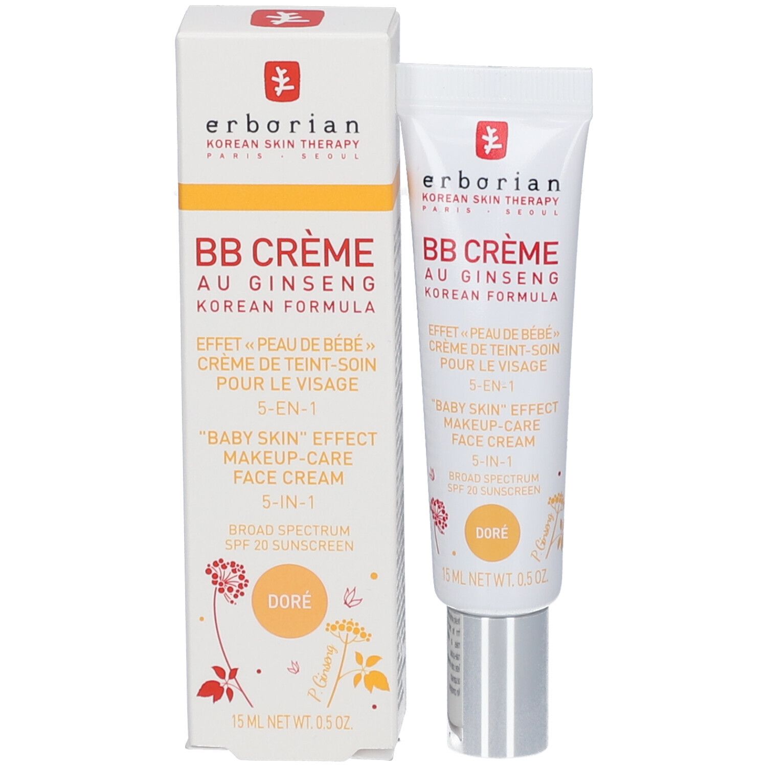 Emballage du produit avec tube de crème. Inscription "BB CRÈME AU GINSENG". Couleur Doré. 15 ml. Marque Erborian.