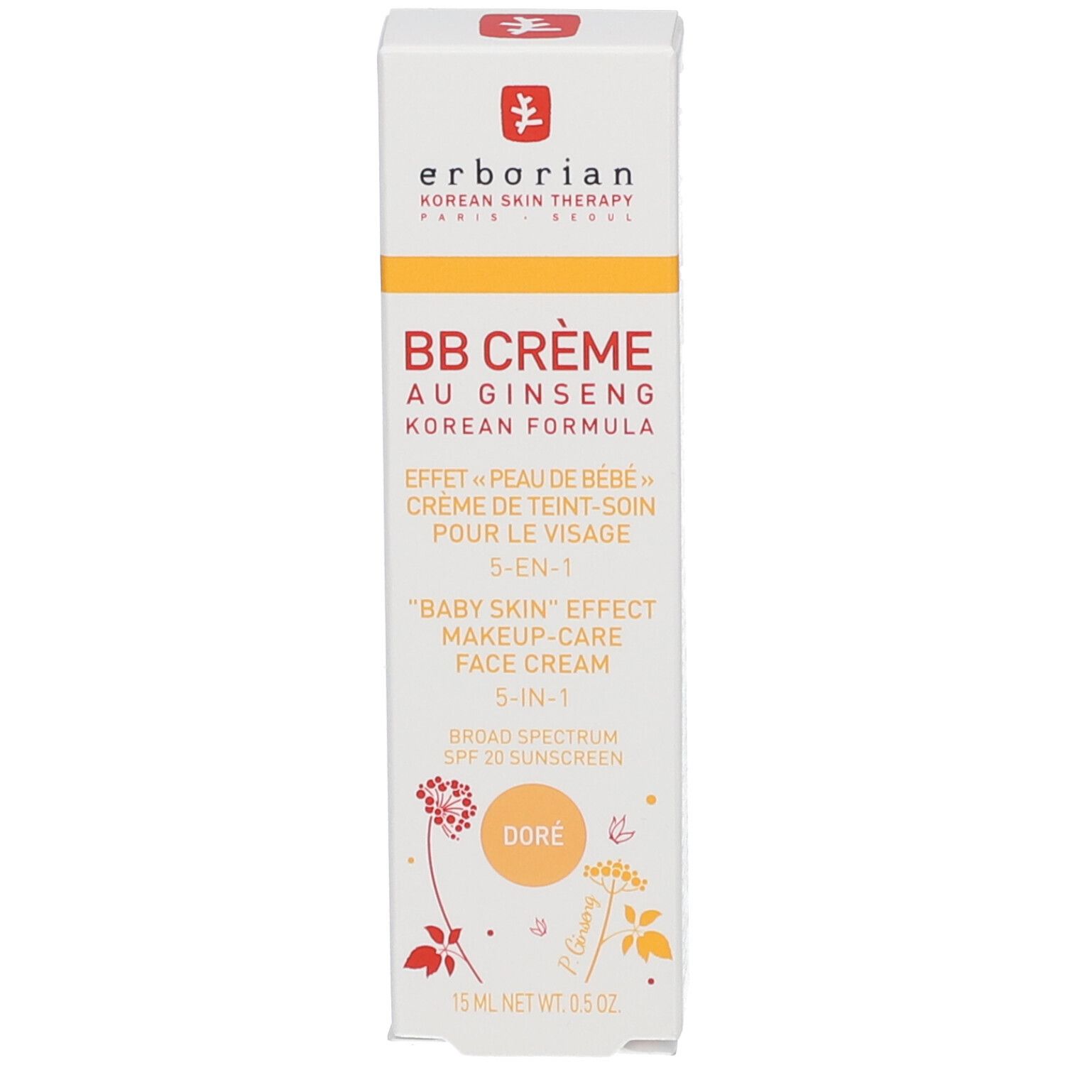 Emballage du produit. Inscription "BB CRÈME AU GINSENG". Couleur Doré. 15 ml. Marque Erborian.