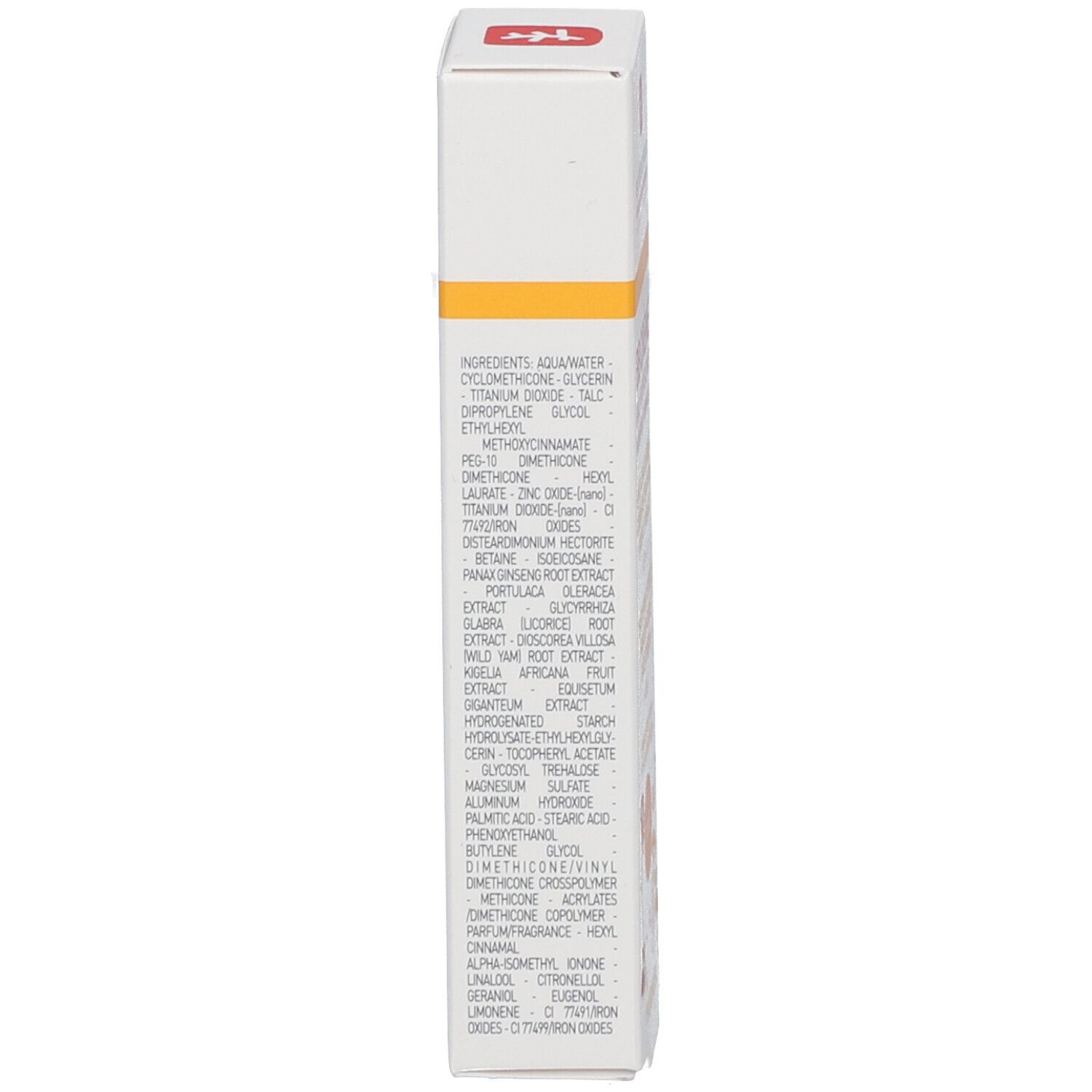 Vue latérale de l'emballage du produit. Liste des ingrédients. Texte en anglais.