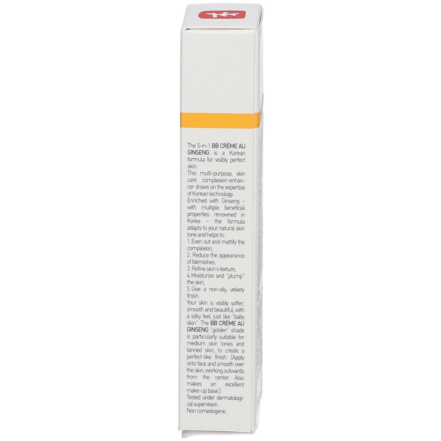 Vue latérale de l'emballage du produit. Texte en anglais. Description du produit et de ses avantages.