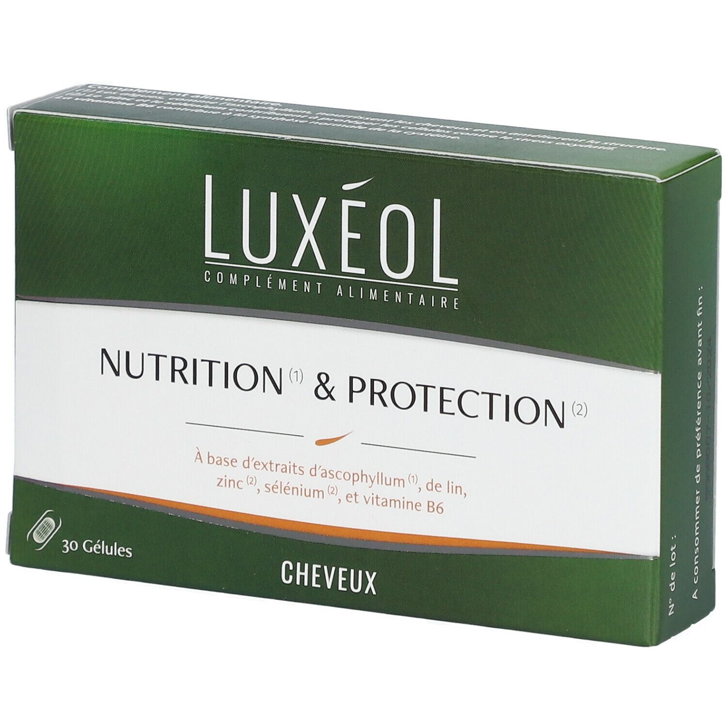 Boîte de complément alimentaire LUXÉOL. Inscription: Nutrition & Protection, 30 gélules. Design vert et blanc.