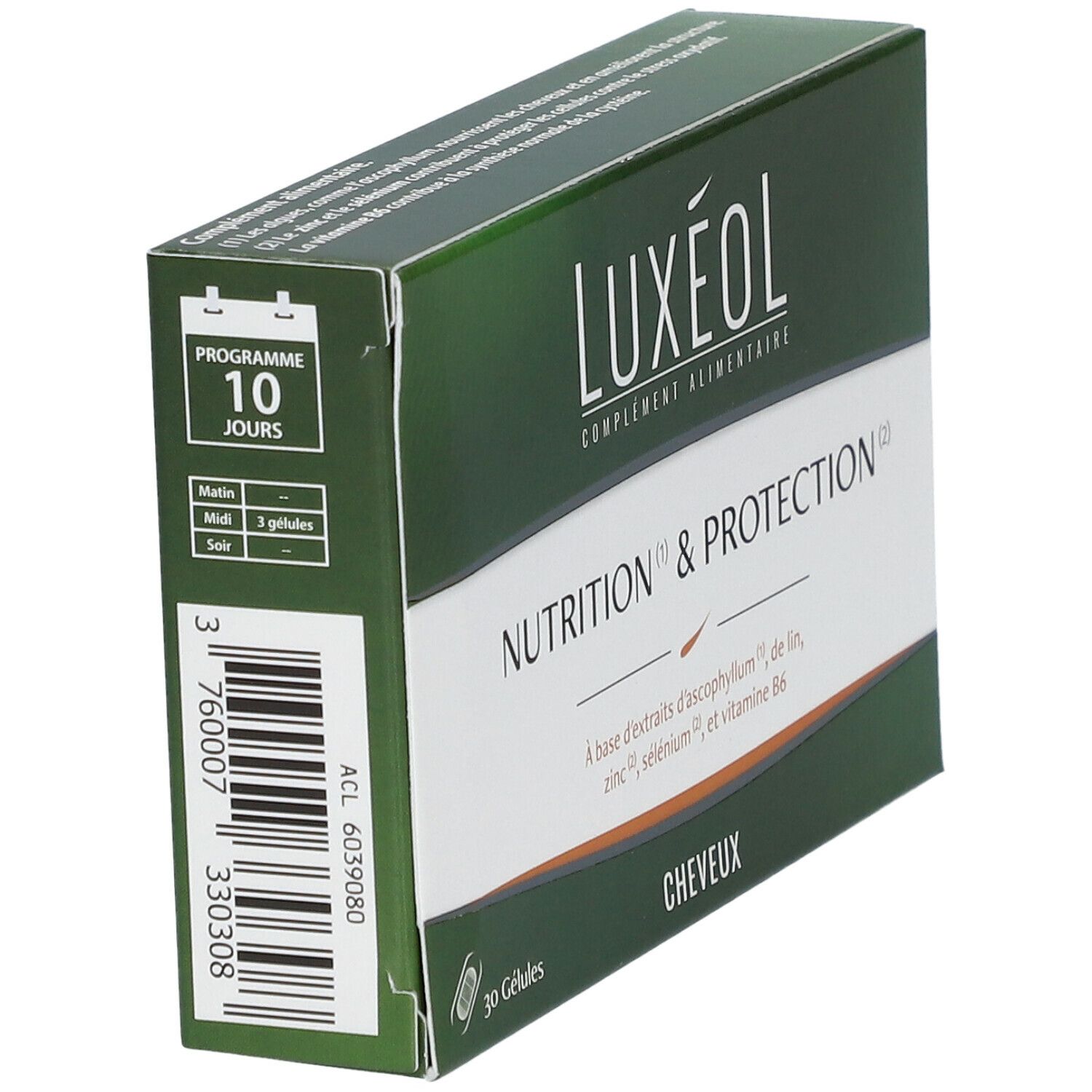 Boîte LUXÉOL en biais. Inscription: Nutrition & Protection. Programme 10 jours. Design vert et blanc.