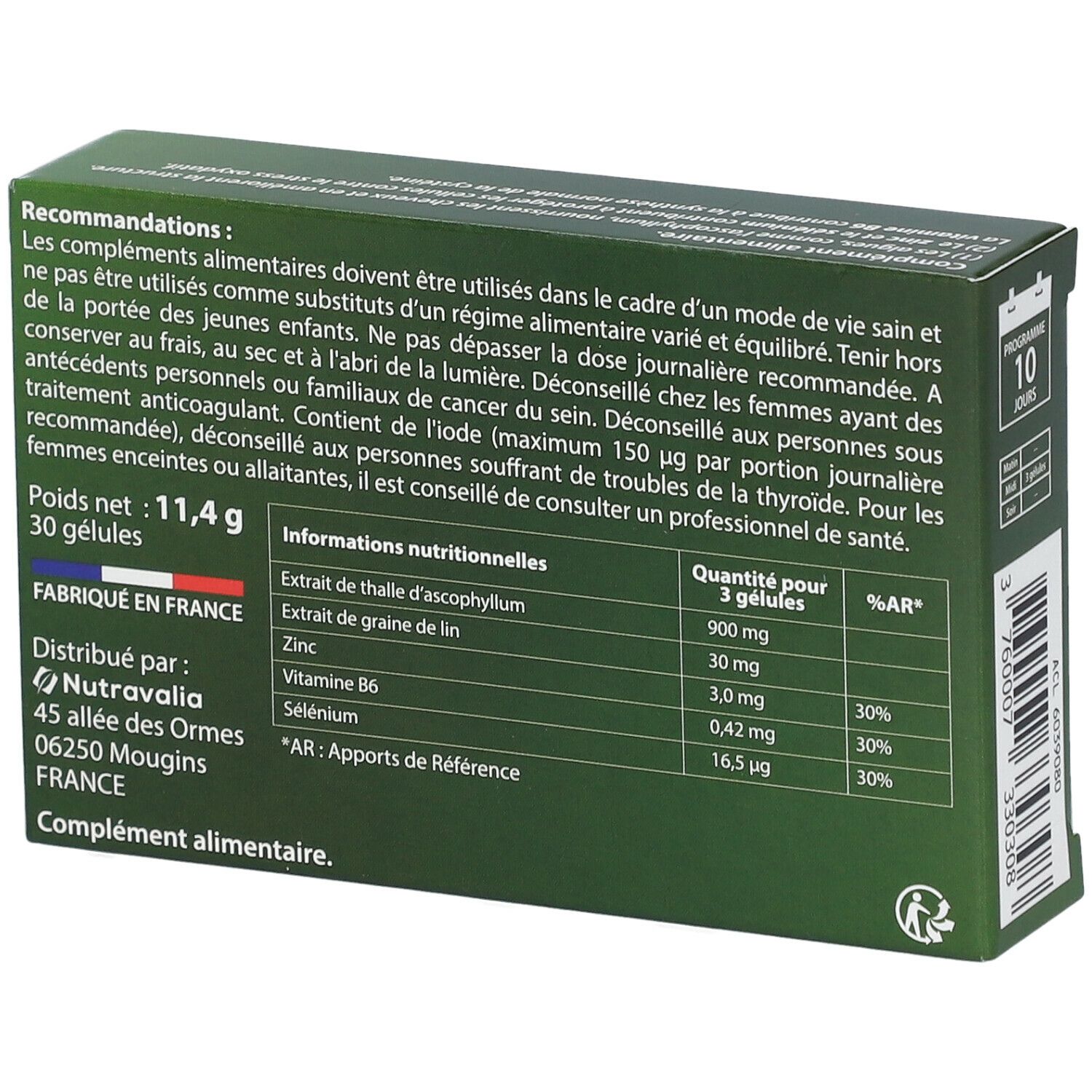 Dos de la boîte LUXÉOL. Contient informations nutritionnelles et recommandations. Design vert et blanc.