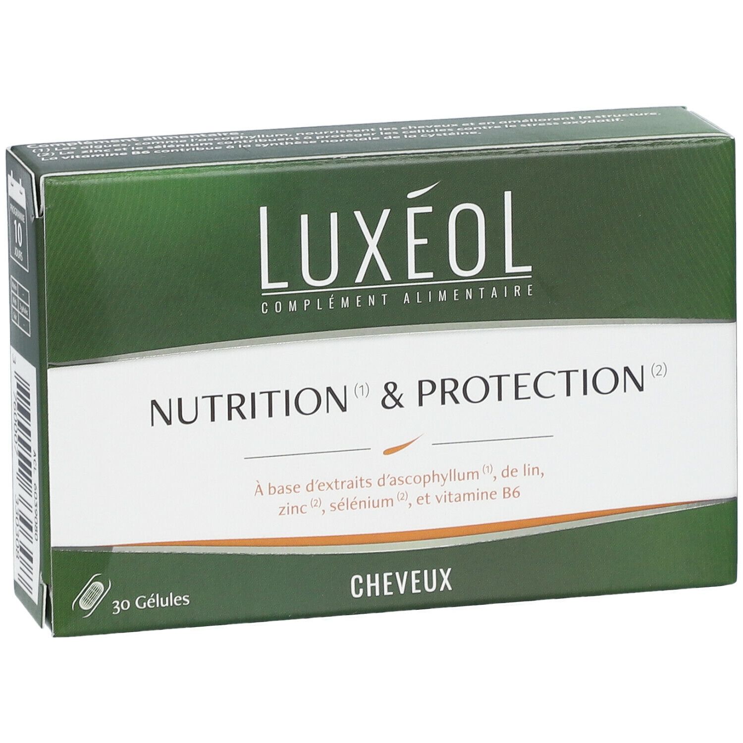 Boîte de complément alimentaire LUXÉOL. Inscription: Nutrition & Protection, 30 gélules. Design vert et blanc.