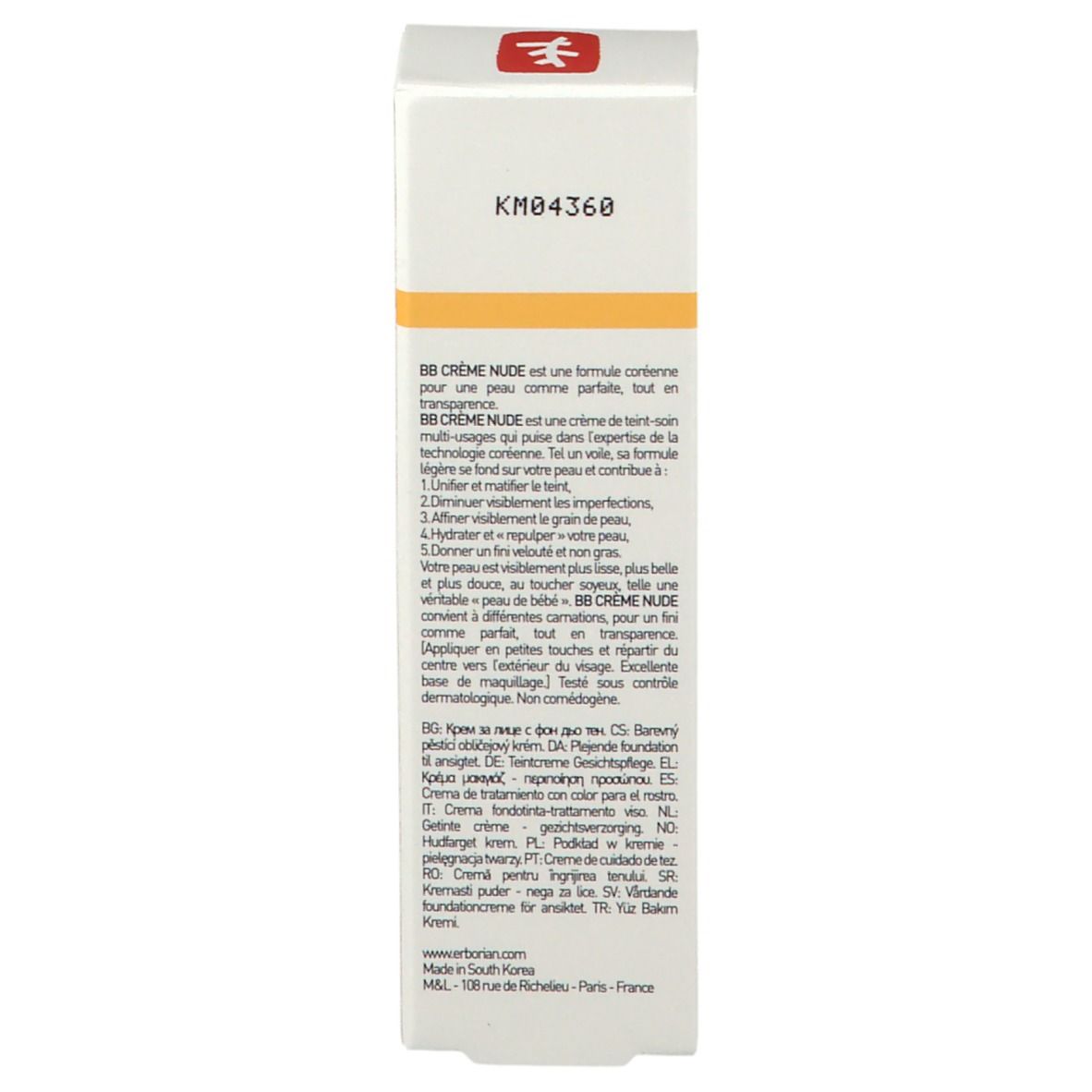 Côté de l'emballage de BB Crème Nude. Texte multilingue. Marque Erborian.