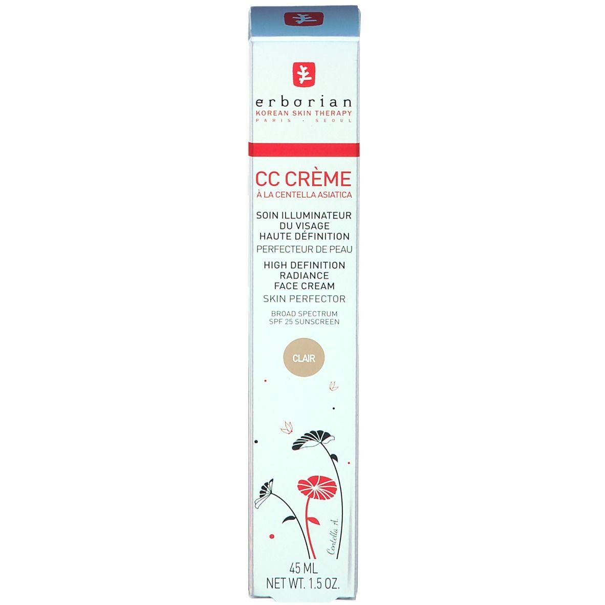 Erborian CC Crème en boîte. Texte: CC Crème, Centella Asiatica, perfecteur de peau, SPF 25. Teinte: Clear. Boîte: 45 ml.