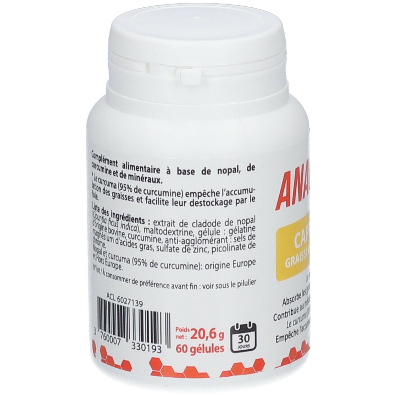 Dos du flacon blanc ANACA3. Texte: 60 gélules, 20,6g. Liste des ingrédients et informations fabricant.