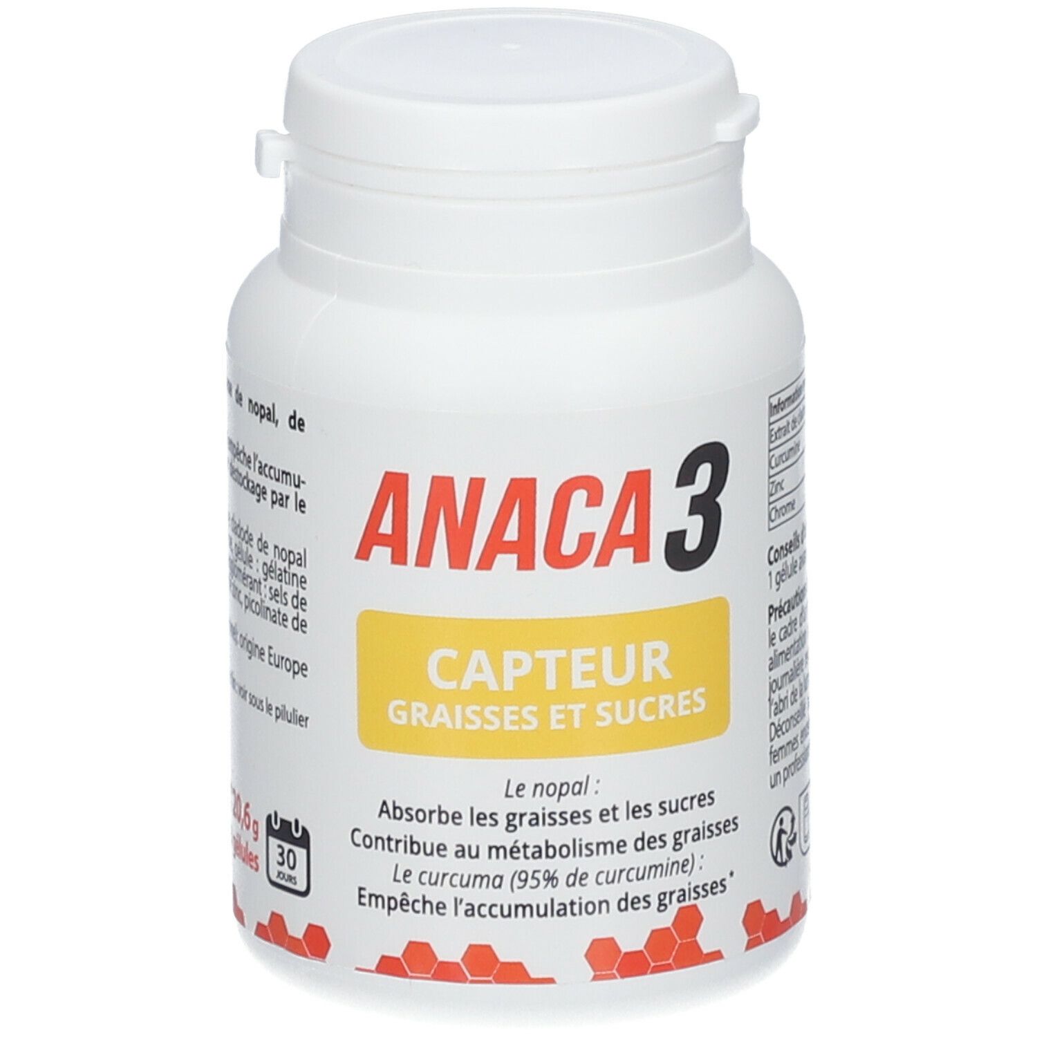 Flacon blanc ANACA3. Étiquette jaune avec texte: CAPTEUR GRAISSES ET SUCRES. Contient 30 gélules. Informations produit.