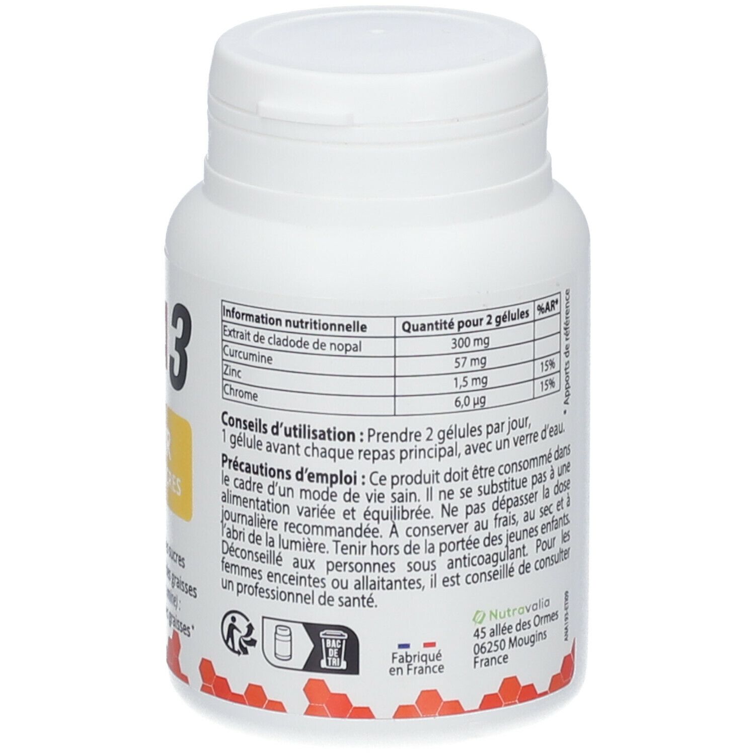 Dos du flacon blanc ANACA3. Informations nutritionnelles, conseils d'utilisation et coordonnées du fabricant.