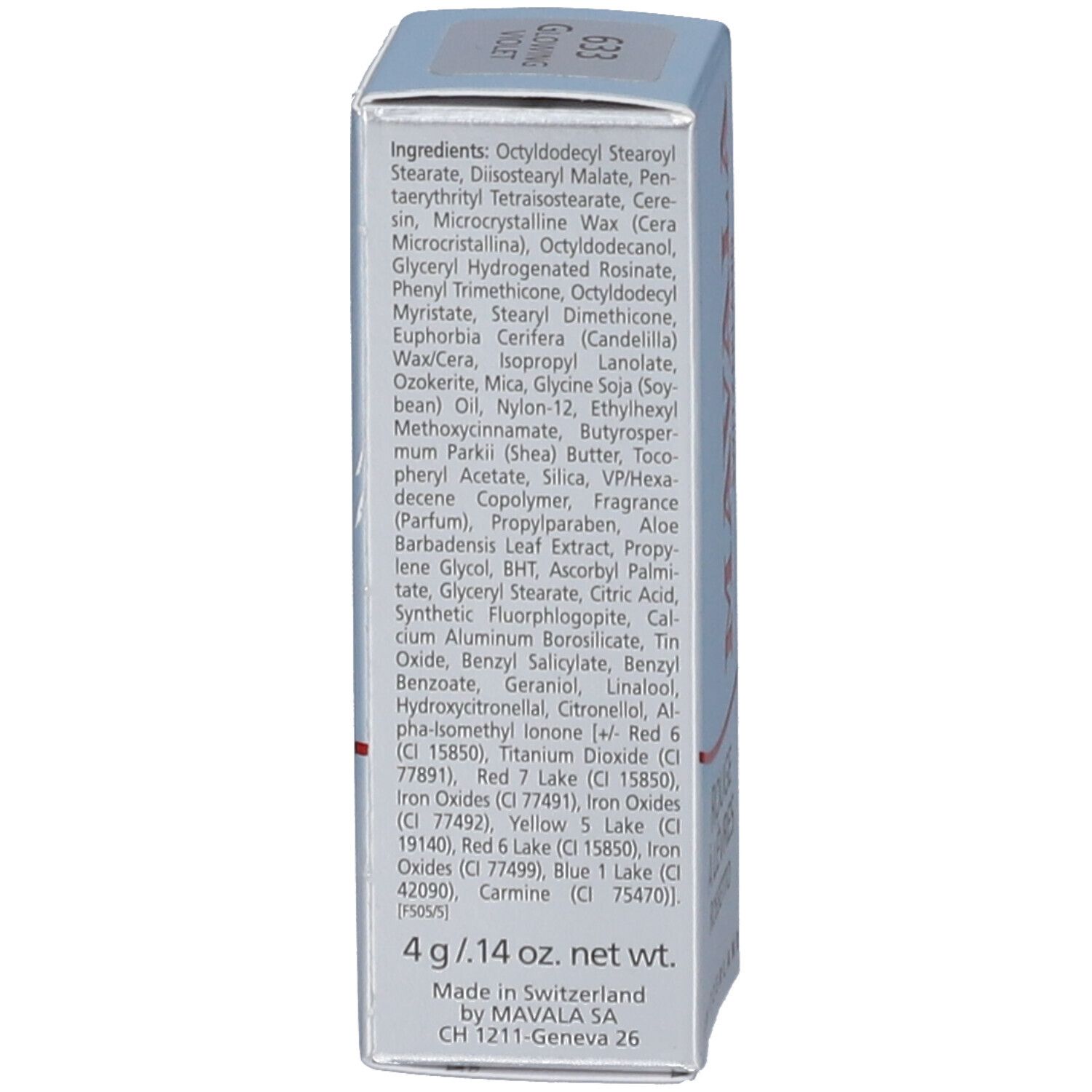 Dos de l'emballage du rouge à lèvres avec ingrédients et poids : 4 g / .14 oz. net wt. Fabriqué en Suisse.