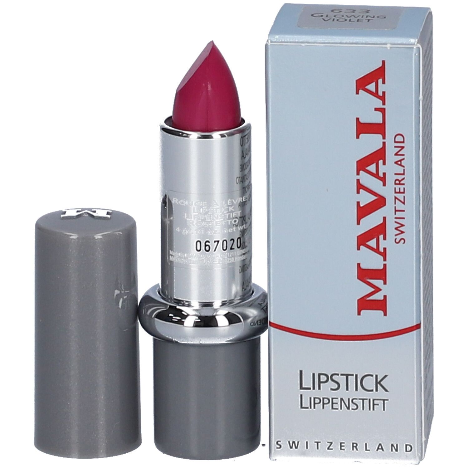 Rouge à lèvres ouvert avec étui. Le rouge à lèvres est rose. L'étui indique 'Lipstick' et le nom de la marque.